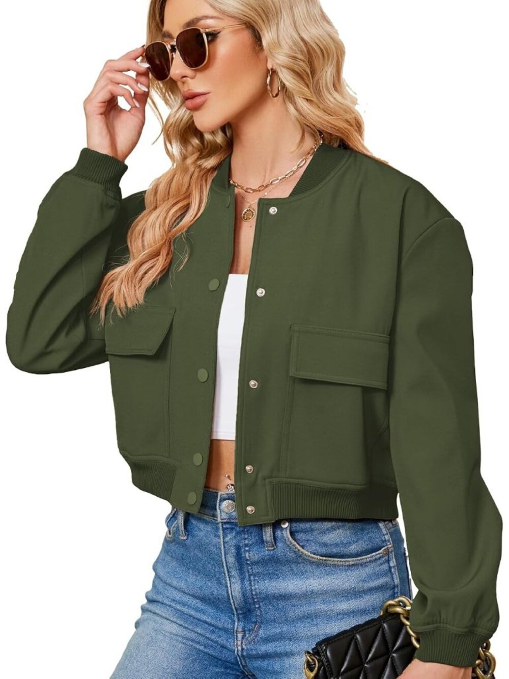 Women's Dark Green Short Trendy Casual Lightweight Side Pockets Bomber Jackets